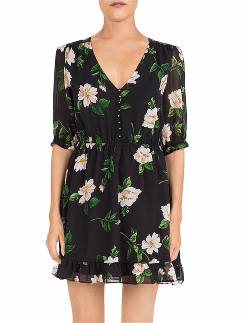 The Kooples Black Floral V-Neck Mini Dress with Green Leaves